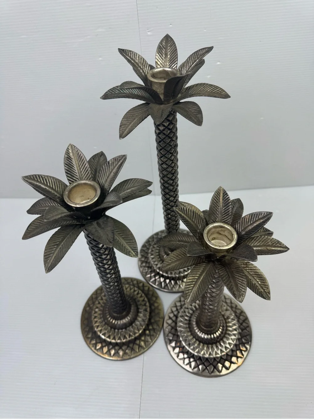 Vintage Silver Palm Tree Candlestick Holders – Tropical Coastal Decor Set